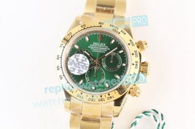 MR Factory The Best Swiss Replica Rolex Daytona Gold Ceramic Bezel Watch Green Dial Stainless Steel Band